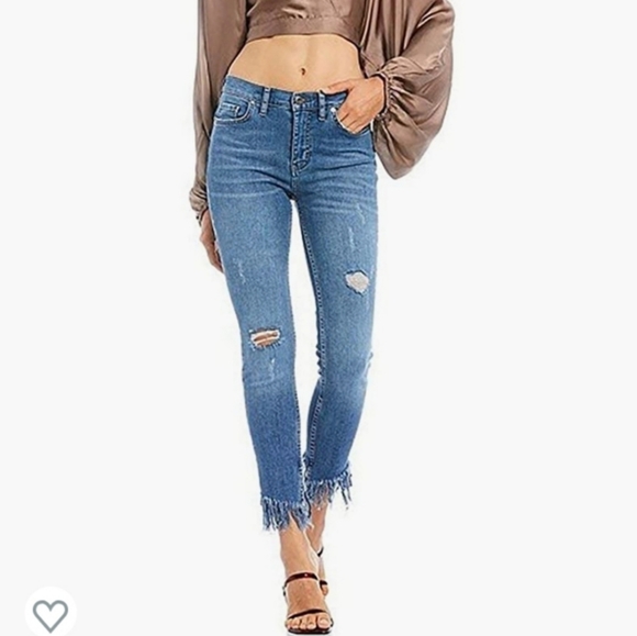 Free People Great Heights Frayed Skinny Jeans Blue Med Wash Stretch Denim Sz 25 - Picture 1 of 8
